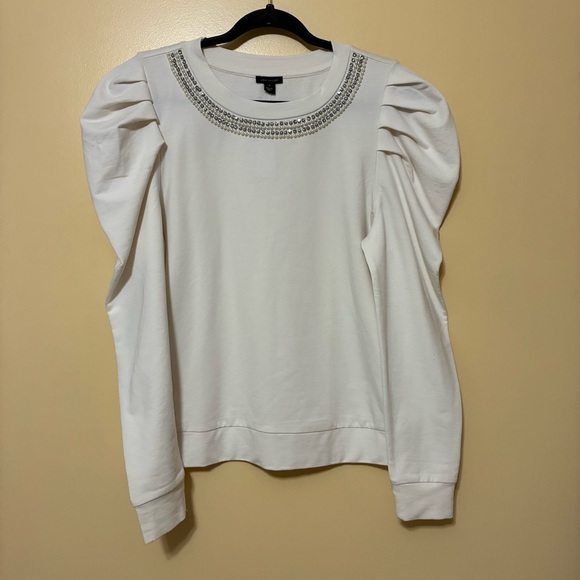 Ann Taylor Embellished Puff Sleeve Sweatshirt Women’s M White Holiday Party - Picture 2 of 8